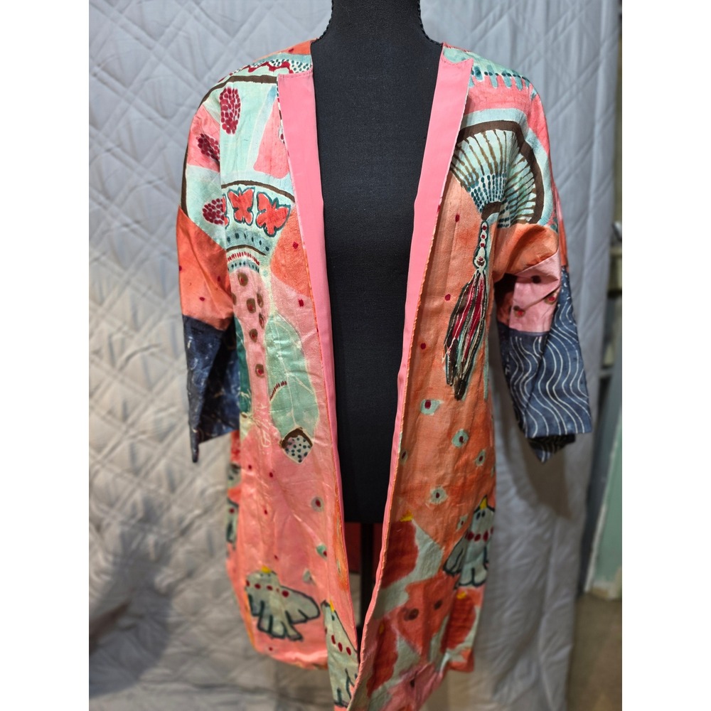 Lou Ann Hand Painted Silk Duster Jacket Pink Butterfly Fan Kimono Art Wearable